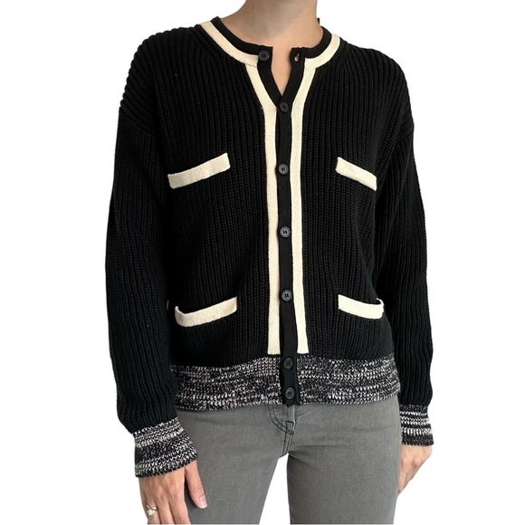 J. Crew Front Pocket Cotton Cardigan Sweater Black White Knit Size Medium - Picture 8 of 8